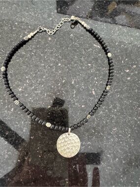 Handmade Black Beaded Necklace with Silver Disc Pendant